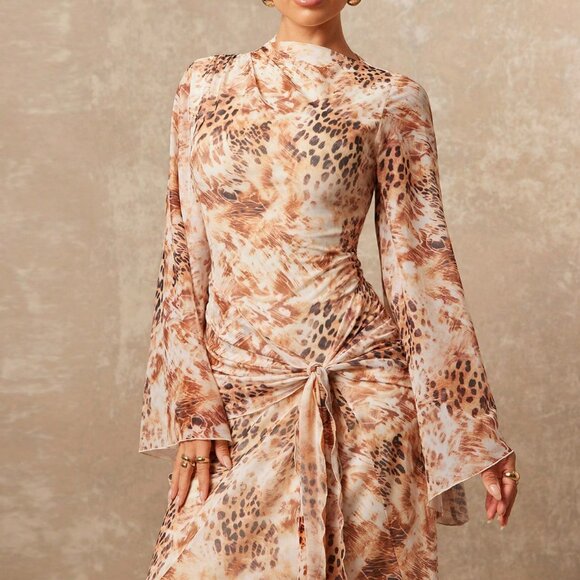 Multicolor Casual Women's Tie-Dye Leopard Print Mesh V-Neck Dress - Picture 6 of 7